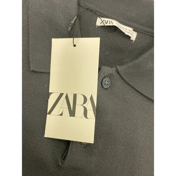 Zara Men Polo Shirt XL Gray Textured Long Sleeve Viscose Pullover 5536/310 NWT - Picture 5 of 10